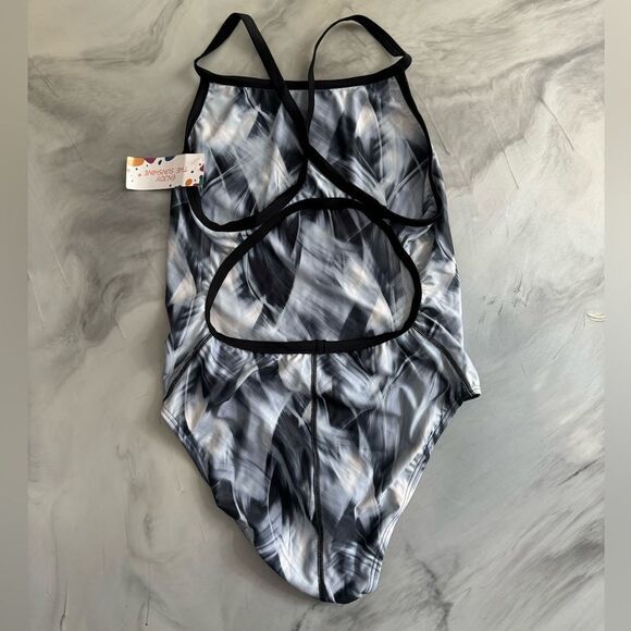New NWT ENJOY THE SUNSHINE Athletic Racing One Swim Suit Black Gray Print L - Picture 2 of 4